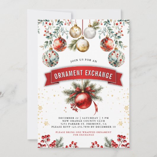 Invitation Red Gold Baubles Orament Exchange Noël (Devant)