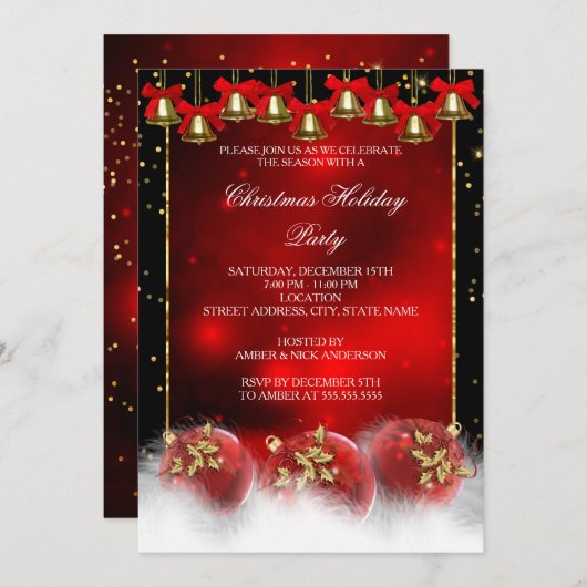 Invitation Red Gold Bells Baubles Noël (Devant / Derrière)