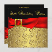 Invitation Red Gold Black Damask femmes 80e fête d'anniversai (Devant / Derrière)