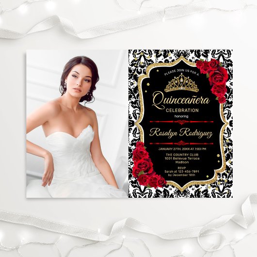 Invitation Red Gold Black Photo Quinceanera