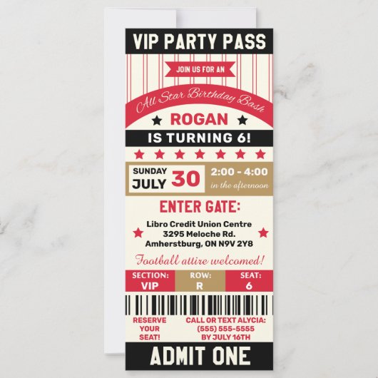 Invitation Red, Gold & Black Sports VIP Ticket Birthday Party (Devant)
