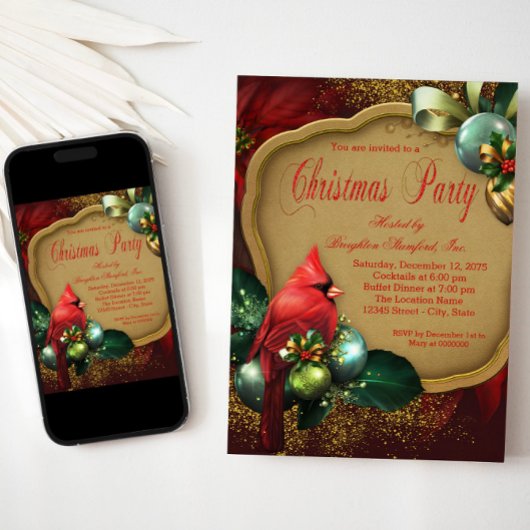 Invitation Red Gold Cardinal Corporate Christmas Party