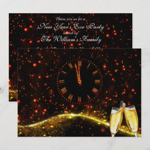 Invitation Red, Gold Champagne & Horloge Réveillon du Nouvel 
