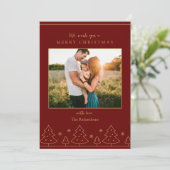 Invitation Red Gold Christmas Tree Two Photo Holiday Card (Debout devant)
