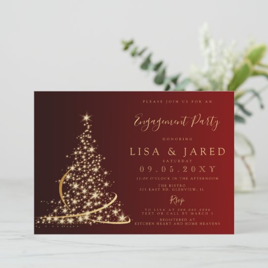 Invitation Red Gold Christmas Tree Winter Engagement (Debout devant)