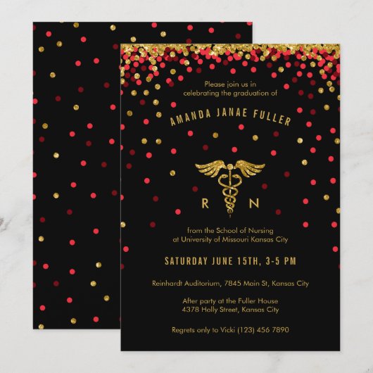 Invitation Red & Gold Confetti Infirmière (Devant / Derrière)
