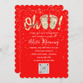 Invitation Red Gold Confetti Pieds bébé garçon fille QR CODE (Devant / Derrière)