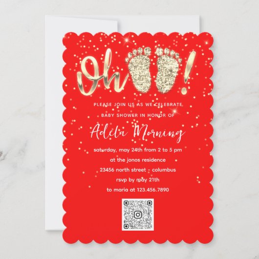 Invitation Red Gold Confetti Pieds bébé garçon fille QR CODE (Devant)