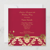 Invitation Red Gold Damask Élégante fête d'anniversaire (Dos)