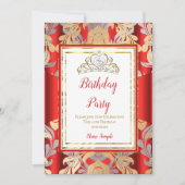 Invitation RED Gold Damask Grey Tiara fête d'anniversaire (Devant)