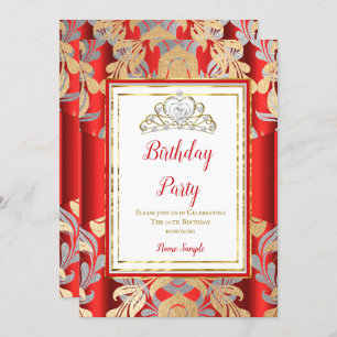 Invitation RED Gold Damask Grey Tiara fête d'anniversaire