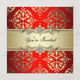Invitation Red Gold Damask Party