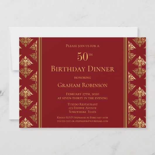Invitation Red Gold Damask Patterned 50th Birthday Dinner (Devant)