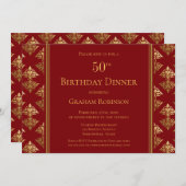 Invitation Red Gold Damask Patterned 50th Birthday Dinner (Devant / Derrière)