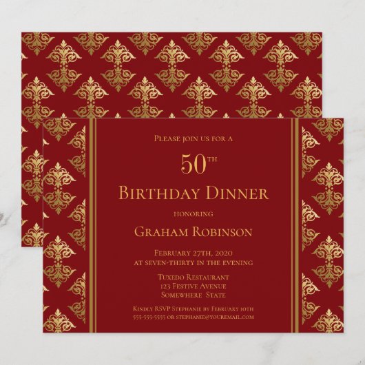 Invitation Red Gold Damask Patterned 50th Birthday Dinner (Devant / Derrière)