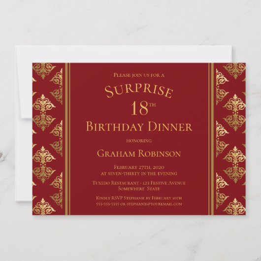 Invitation Red Gold Damask Surprise 18e anniversaire Dîner (Devant)