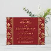 Invitation Red Gold Damask Surprise 18e anniversaire Dîner (Debout devant)