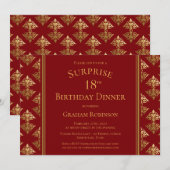 Invitation Red Gold Damask Surprise 18e anniversaire Dîner (Devant / Derrière)