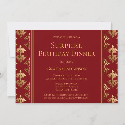 Invitation Red Gold Damask Surprise Anniversaire Dîner (Devant)