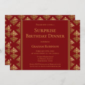 Invitation Red Gold Damask Surprise Anniversaire Dîner (Devant / Derrière)