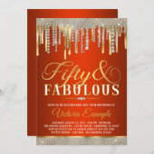 Invitation Red Gold Diamond Drip Fabuleux 50 fête d'anniversa (Devant / Derrière)