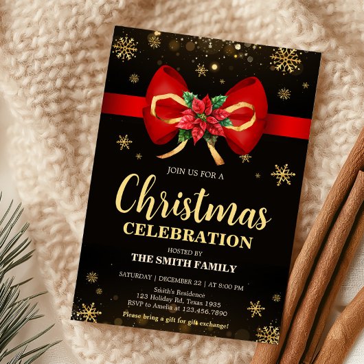 Invitation Red Gold Elegant Bow Fête de Noël