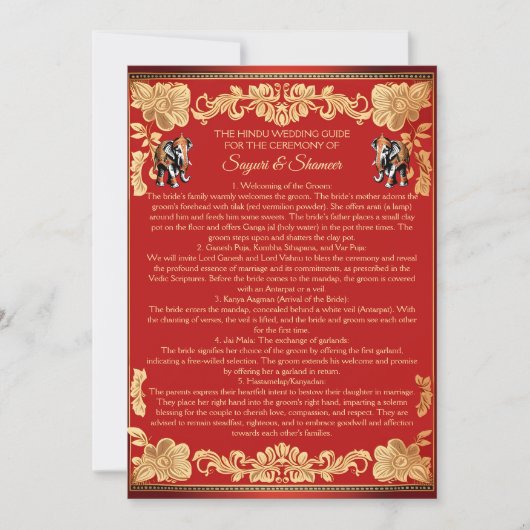 Invitation Red gold elephants Indian wedding rituals program (Devant)