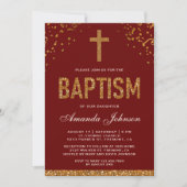 Invitation Red Gold Faux Parties scintillant Croix Royal Bapt (Devant)