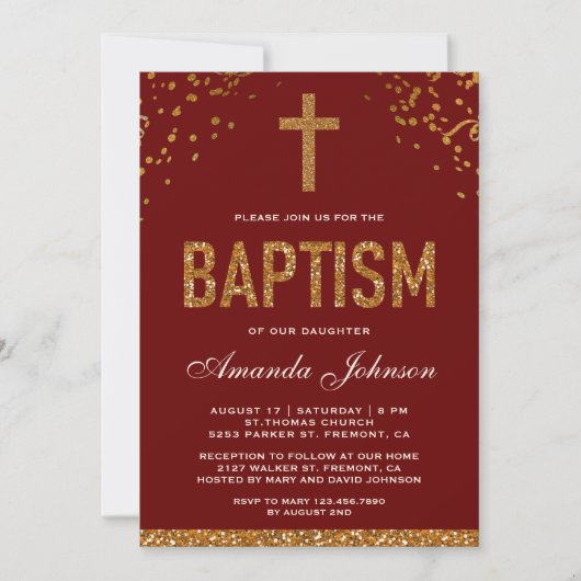 Invitation Red Gold Faux Parties scintillant Croix Royal Bapt (Devant)