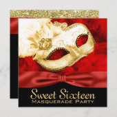 Invitation Red Gold Feather Sweet 16 Masquerade Party (Devant / Derrière)