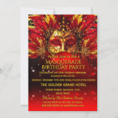 Invitation Red Gold Feathered Masks Masquerade Birthday Party (Devant)
