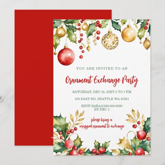 Invitation Red Gold Festive Ornament Exchange Christmas Party (Devant / Derrière)