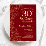 Invitation Red Gold Floral 30e fête d'anniversaire<br><div class="desc">Red Gold Floral 30th Birthday Party Invitation. Design moderne minimaliste avec accents de dessin botanique, fausse feuille d'or et police de script de typographie. Carte invitation simple et tendance, parfaite pour une célébration anniversaire élégante. Peut être customisé à n'importe quel âge. Invitations Zazzle imprimées ou téléchargement instantané modèle imprimable numérique....</div>