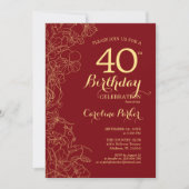 Invitation Red Gold Floral 40e fête d'anniversaire (Devant)