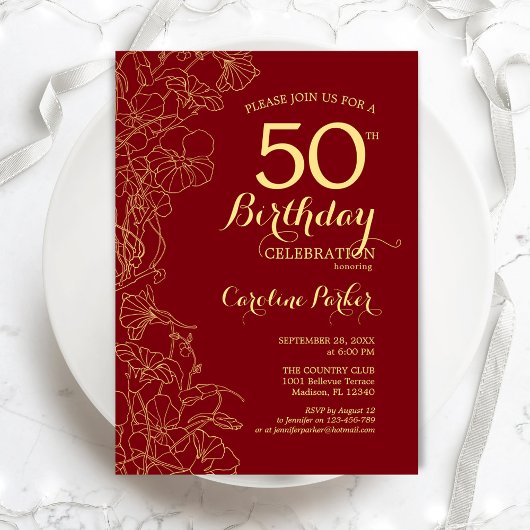 Invitation Red Gold Floral 50e fête d'anniversaire