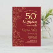 Invitation Red Gold Floral 50e fête d'anniversaire (Debout devant)