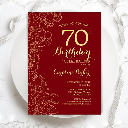 Invitation Red Gold Floral 70e fête d'anniversaire