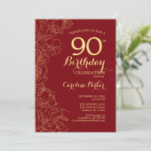 Invitation Red Gold Floral 90e fête d'anniversaire (Debout devant)