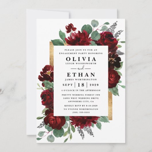 Invitation Red Gold Floral Rustic Elegant Engagement Party (Devant)