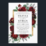 Invitation Red Gold Floral Rustic Elegant Engagement Party<br><div class="desc">Le design présente des pivoines aquarelles et des éléments floraux roses dans les tons rouge et bordeaux sur la végétation botanique d'eucalyptus. Le modèle est également doté d'une boîte imprimée couleur or pour un agencement élégant. La typographie affiche une disposition moderne avec du texte noir. Affichez le lien de collection...</div>