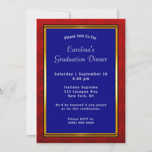 Invitation Red Gold Frame Blue Graduation (Devant)