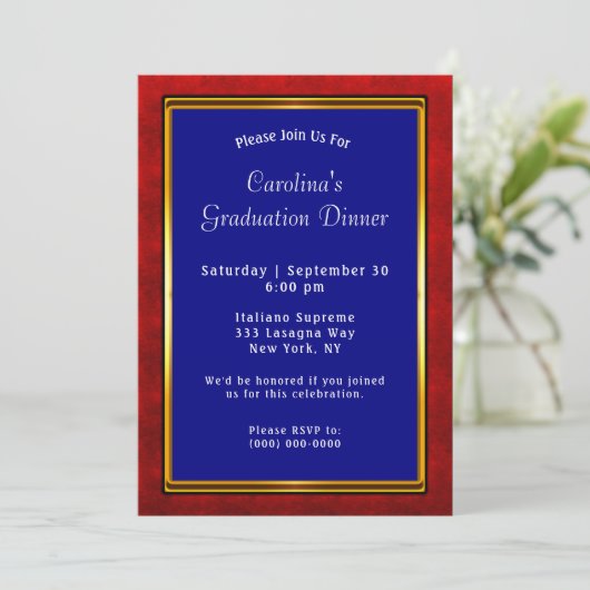 Invitation Red Gold Frame Blue Graduation (Debout devant)