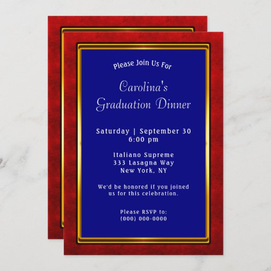 Invitation Red Gold Frame Blue Graduation (Devant / Derrière)