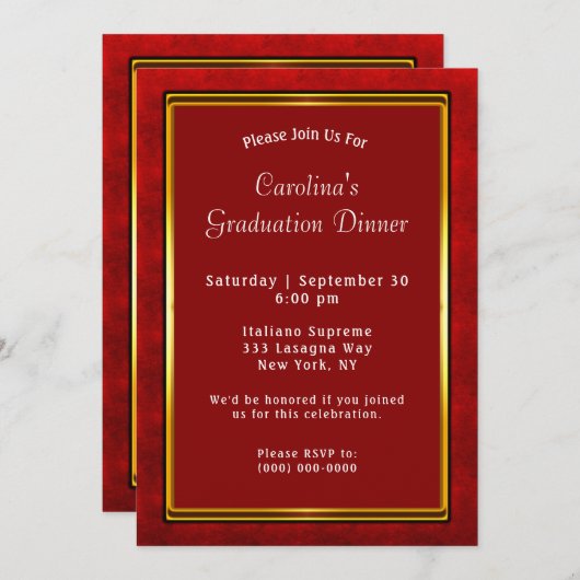 Invitation Red Gold Frame Maroon Diner Graduation (Devant / Derrière)