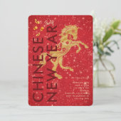 Invitation Red Gold Glitter Horse Lunar New Year Party (Debout devant)