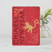 Invitation Red Gold Glitter Monkey Lunar New Year Party (Debout devant)