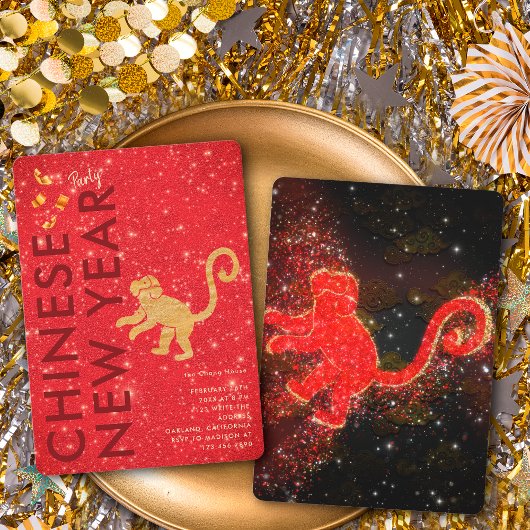 Invitation Red Gold Glitter Monkey Lunar New Year Party