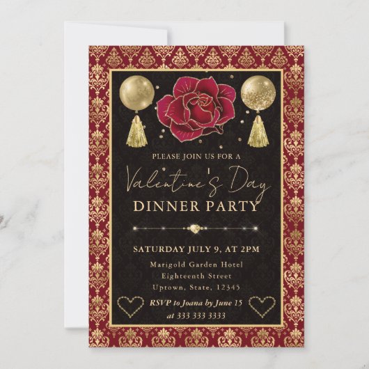 Invitation Red & Gold Heart Damask & Rose Valentine's Dinner (Devant)