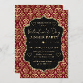 Invitation Red & Gold Heart Damask Valentine's Dinner Party (Devant / Derrière)