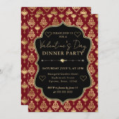 Invitation Red & Gold Heart Damask Valentine's Dinner Party (Devant / Derrière)